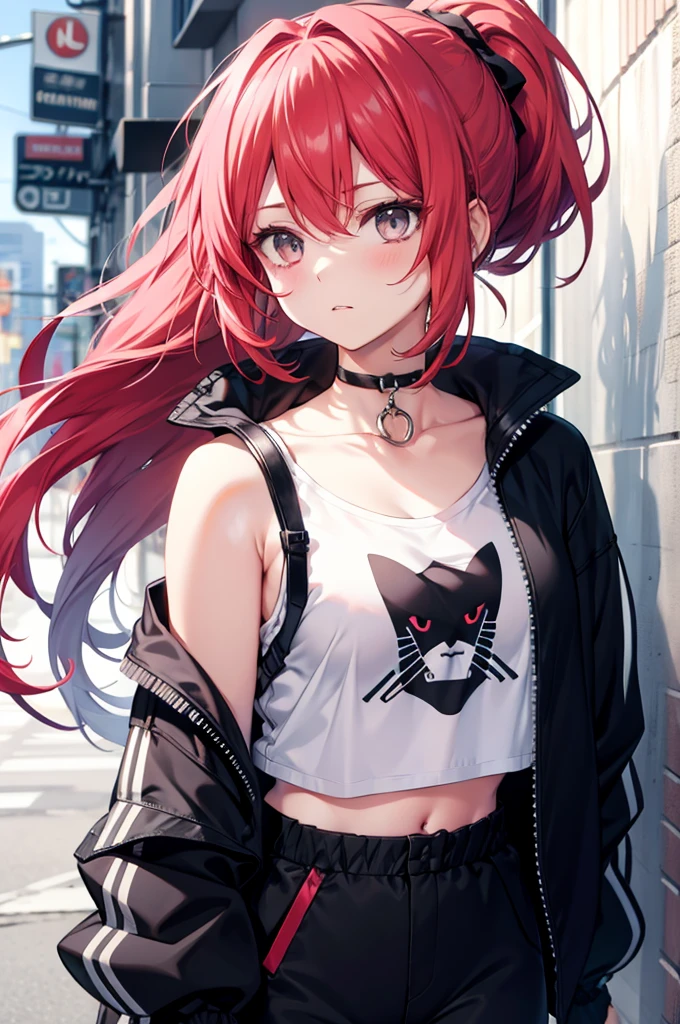 [[[[[[1 woman]]]]]] {{{ponytail hair}}}, long hair, red hair, gray eyes animation, Breasts slightly larger, medium hips, choker, with a straight face, inexpressive, black clothes, Casual clothes, Boxty, crop tee, white windbreaker, choker, standin, very detailed, 8k