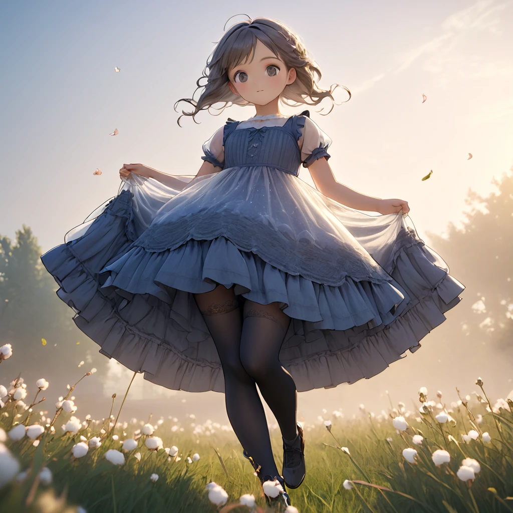 (Highly detailed CG Octane render 8k wallpaper), 8 girl underwear, You can see the real bloomers made of cotton fabric., Medieval translucent long dress with panniers, Fabric Realism, Low Angle, Pull up the dress by hand, Strong winds, Translucent slip, Translucent slip, tights, Highest quality, whole body, I can see your thighs