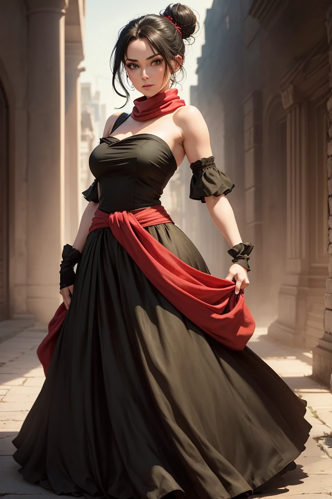 fullbody view, female, green eyes, black hair tied to a bun, strapless full dress, red scarf around her neck, flowy arm sleeves, silk gloves, a fabric is wrapped around her waist