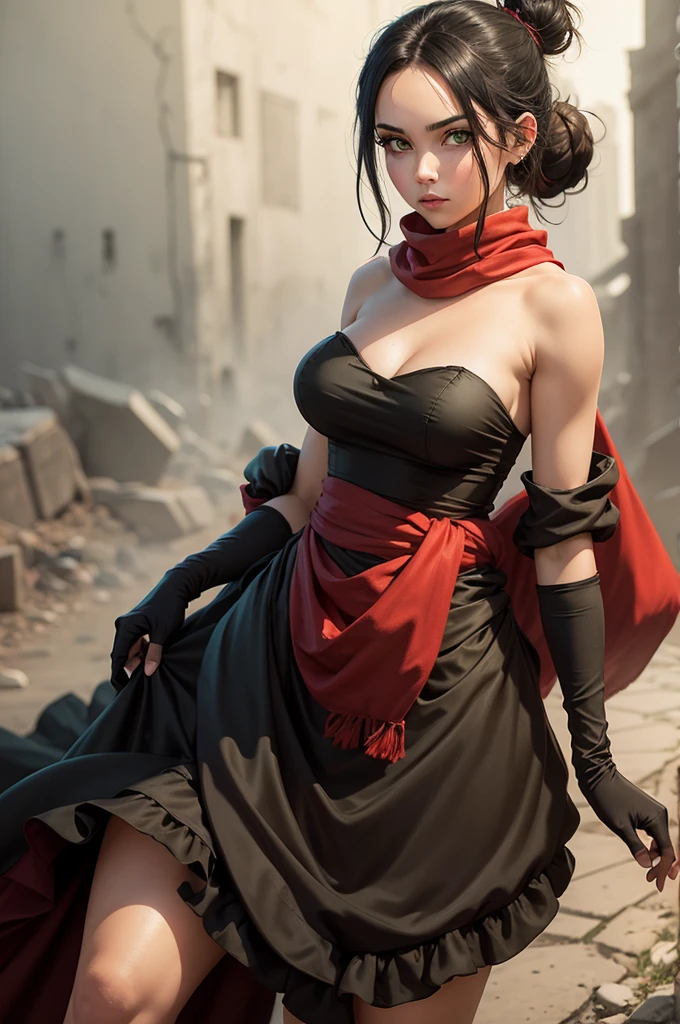 fullbody view, female, green eyes, black hair tied to a bun, strapless full dress, red scarf around her neck, flowy arm sleeves, silk gloves, a fabric is wrapped around her waist