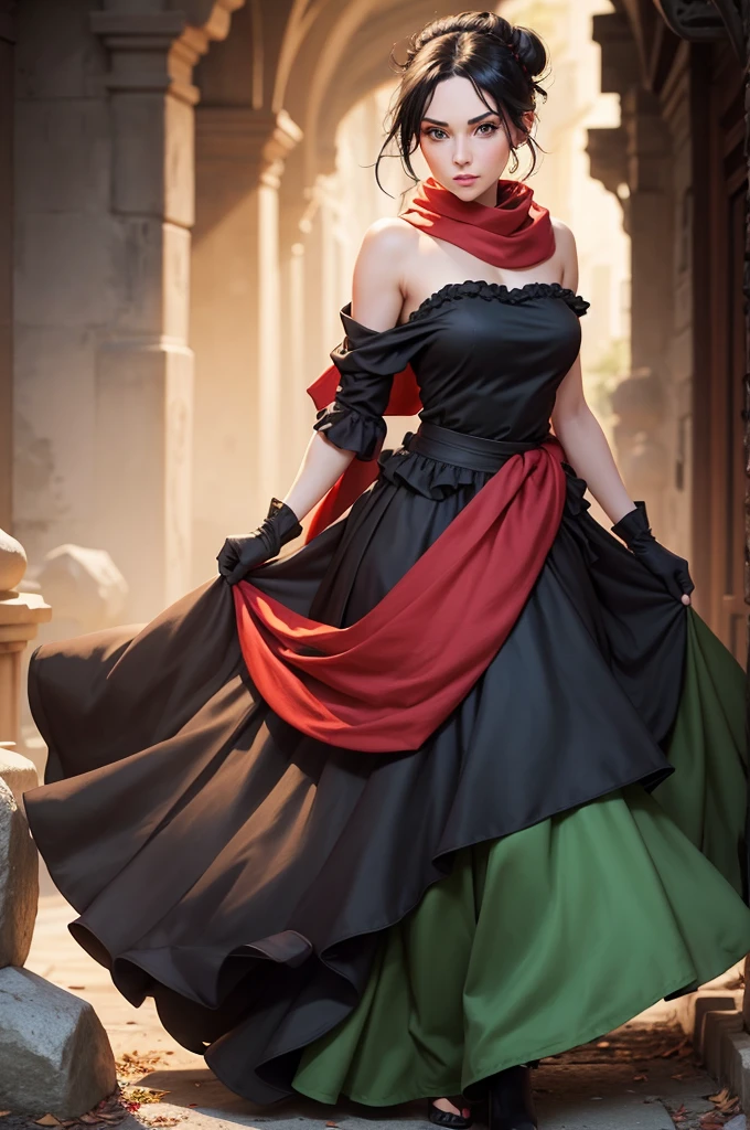 fullbody view, female, green eyes, black hair tied to a bun, strapless full dress, red scarf around her neck, flowy arm sleeves, silk gloves, a fabric is wrapped around her waist