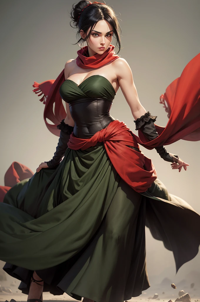 fullbody view, female, green eyes, black hair tied to a bun, strapless full dress, red scarf around her neck, flowy arm sleeves, silk gloves, a fabric is wrapped around her waist
