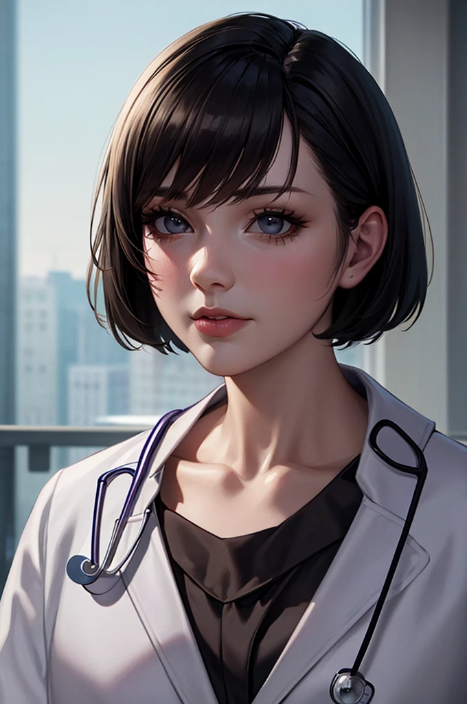 RebeccaRE, solo, necktie, realistic, brown hair, labcoat, doctor, looking at viewer, 1girl, short hair, red necktie, shirt, smile, lips, blue eyes, stethoscope, white shirt, rebecca chambers
<lora:epi_noiseoffset2:1>,  <lora:RebeccaRE:0.7>