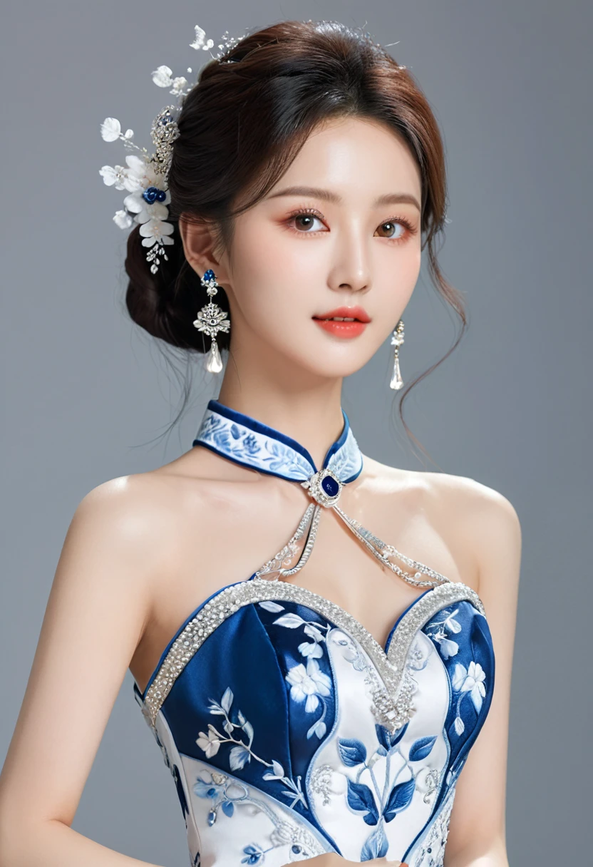 Realistic photo style, whole body 사진에 아름다운 아시아 소녀가 등장합니다., Wearing a unique ethnic style evening gown with delicate skin., bright and lively eyes, Thick eyelashes that look especially attractive. Long dresses are slim and elegant., Eye-catching silver jewelry and alcohol. The high-collar design adds an elegant atmosphere., Color of blue and white porcelain. using light and shadow, The vivid and harmonious appearance of the protagonist is highlighted... whole body, (masterpiece, best quality, professional, perfect composition, very aesthetic, absurd, very detailed, intricate details:1.3)