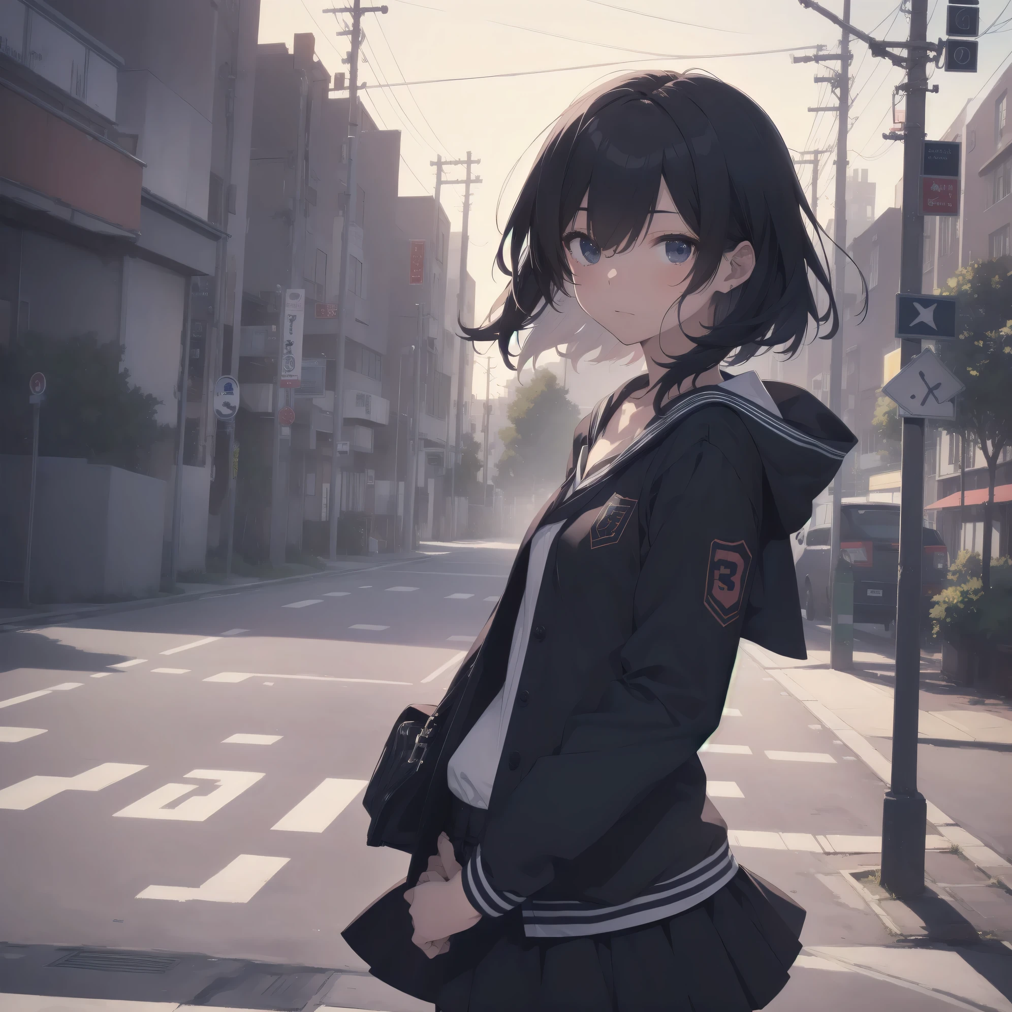 ultra-absurdres-Top quality by artist God, ultra-detailed, high resolution, anime moe artstyle, best anime 8k konachan wallpaper, pixiv contest winner, pool:2810, perfect anatomy,break, 1girl, (Please draw a girl walking sleepily to school alone. )break,(Solo,little female, 13-year-old:1.3),Full limbs, complete fingers,a junior high school student, (very short hair), short cut, flat chest, , small butt, small black eyes, beautiful detailed eyes, well-proportioned iris and pupils, expressive eyes, highres detailed hair, soft expression, salor school_uniform, sailor collar, serahuku, bow, pleated skirt,(Detailed Lighting), (Detailed background), in the School commute route. break,super detailed skin, Best cinematic lighting powered by famous artist, 8k,beauty illustration,photoshop_(medium),very aesthetic,break,((artist:fujima_takuya )), artist:clamp ,artist:carnelian ,artist:kantoku ,