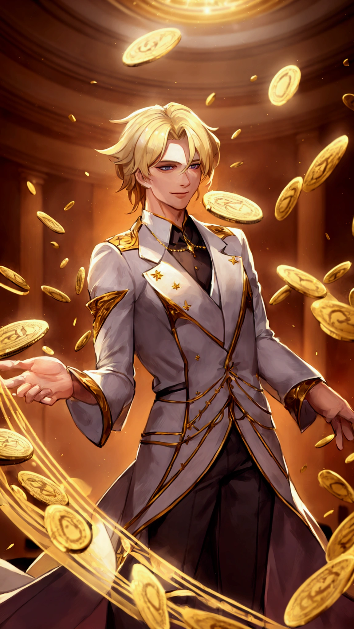 a young man with blond hair standing in a casino with coins falling from the sky, his arms outstretched and laughing, beautiful detailed face, extremely detailed eyes and face, longeyelashes, photorealistic, 8k, highres, masterpiece, ultra-detailed, vivid colors, dramatic lighting, cinematic composition, epic scale, fantasy, surreal, digital art
