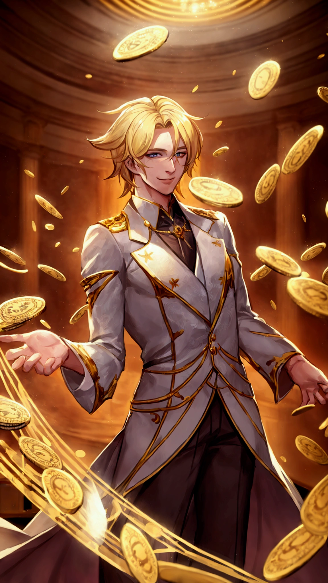 a young man with blond hair standing in a casino with coins falling from the sky, his arms outstretched and laughing, beautiful detailed face, extremely detailed eyes and face, longeyelashes, photorealistic, 8k, highres, masterpiece, ultra-detailed, vivid colors, dramatic lighting, cinematic composition, epic scale, fantasy, surreal, digital art