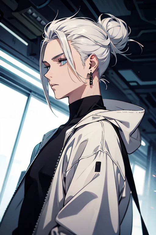 Anime man gradient young white hair low on shaved sides turns hair bun to the left side in the middle serious face with black earrings black sweatshirt Speed jeans futuristic clothes black dark circles under his eyes big black hair big brown hair extremely futuristic clothes futuristic clothes futuristic sweatshirt black skinny jeans male