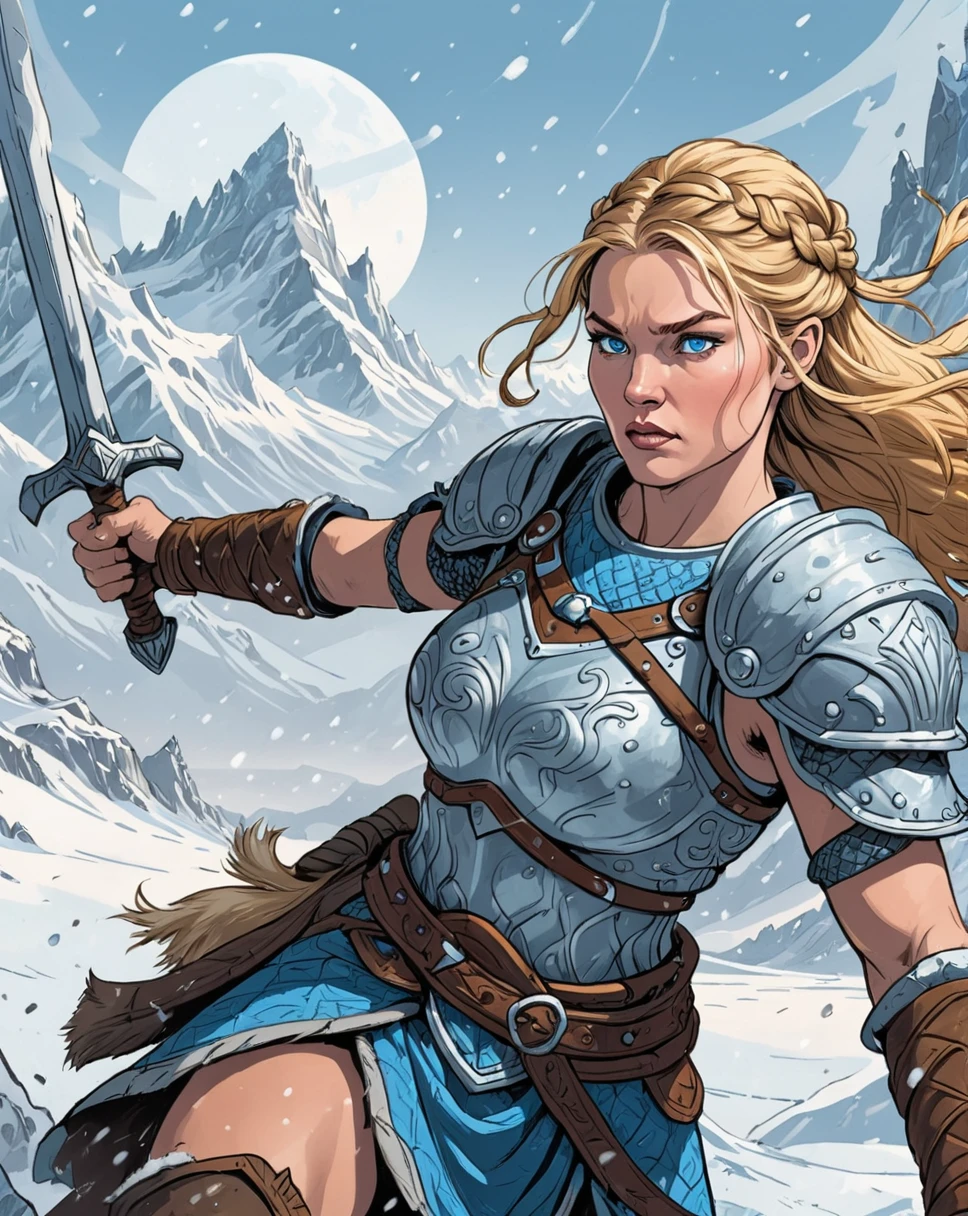 graphic novel flat colors style, cropped detail, fine intricate lineart, hatched shadows, (a barbarian viking woman with braided blonde hair and cold blue eyes, wearing an armor), fighting between snow mountains, winter planet, sci-fi setting, movement.