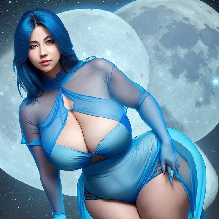 Milf with large breasts, large thighs, voluptuous blue skin, transparent dress showing the curves of the body on the moon