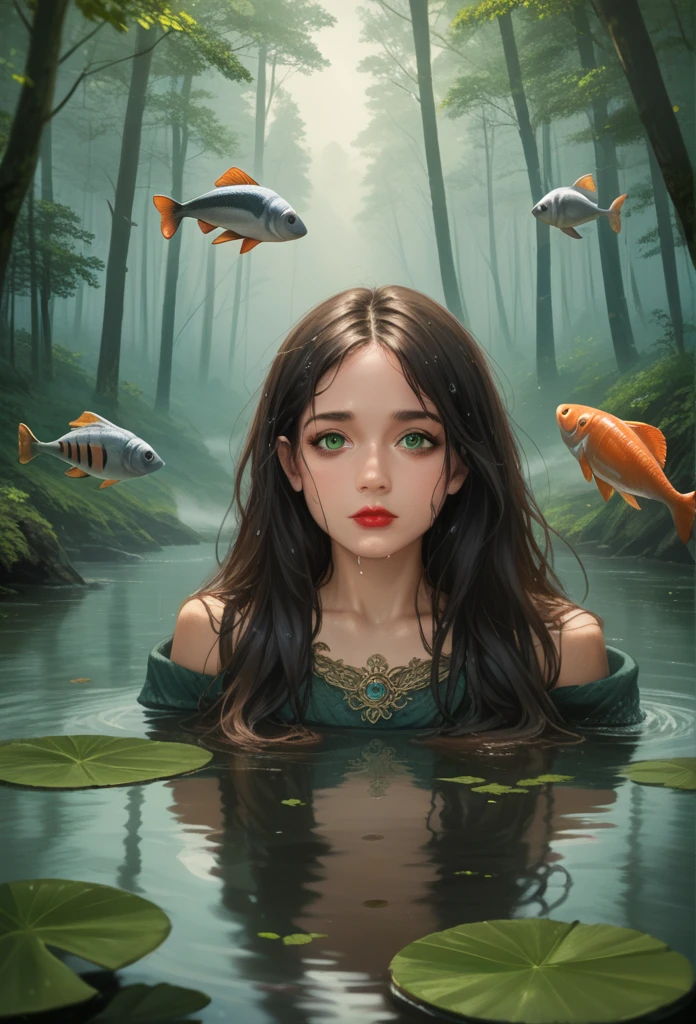 a girl standing near a natural river in an ancient forest, with a mystic atmosphere, her face beautifully detailed with black makeup and lipstick, long hair, bright green eyes, dressed in lightweight patterned fabric that is wet from the water, her hands leading on the water creating small ripples, surrounded by fog and fishes swimming in the river, the mirror reflection on the water, a gorgeous and beautiful goddess-like figure, an unimaginable masterpiece with clear details and rendering, 8k ultra detailed, (best quality,4k,8k,highres,masterpiece:1.2),ultra-detailed,(realistic,photorealistic,photo-realistic:1.37),HDR,UHD,studio lighting,ultra-fine painting,sharp focus,physically-based rendering,extreme detail description,professional,vivid colors,bokeh,fantasy,dark atmosphere,black purple,clear colors
