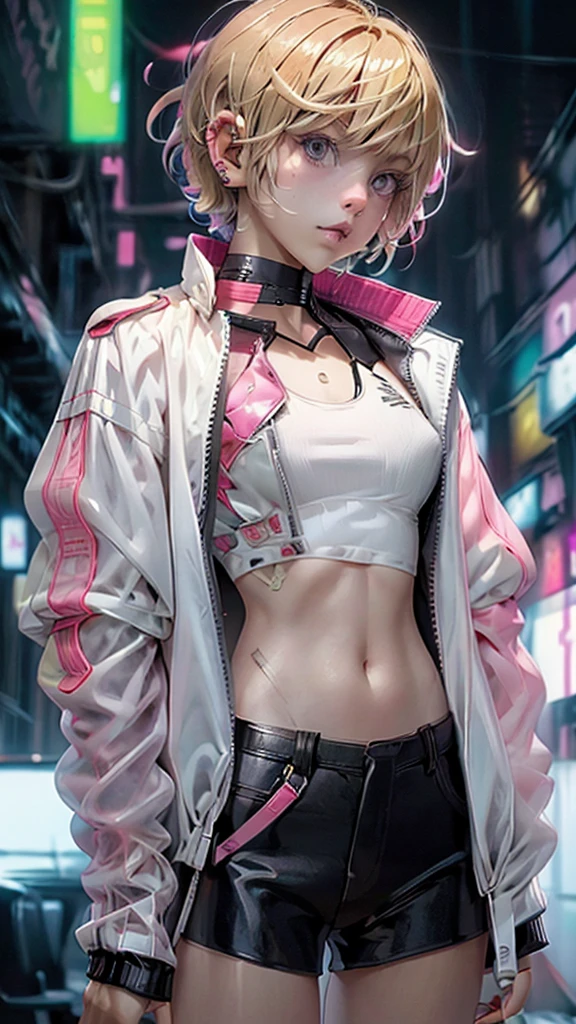 score_9, score_8_up, score_7_up, source_anime BREAK 1boy, solo, nnkk, pink eyes, blonde hair, short hair, white shirt, black jacket