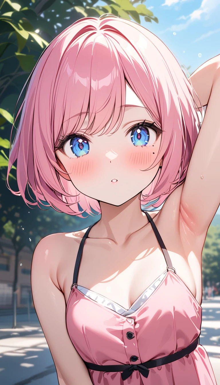 (1 girl),(Best Picture Quality, 8K, Masterpiece:1.3), (high school student:1.5), ((pink lob hair:1.1)), (bob cut),(swept bangs), (cute eyes, pupil black, iris skyblue, youthful face), (mole under right eye), (standard weight), (small breasts), (glistening skin:1.1),(pale skin:1.2),((showing armpits)),((summer fashion)),(portrait),(blush:1.2),((steam:1.3)),(Nipple Slip).