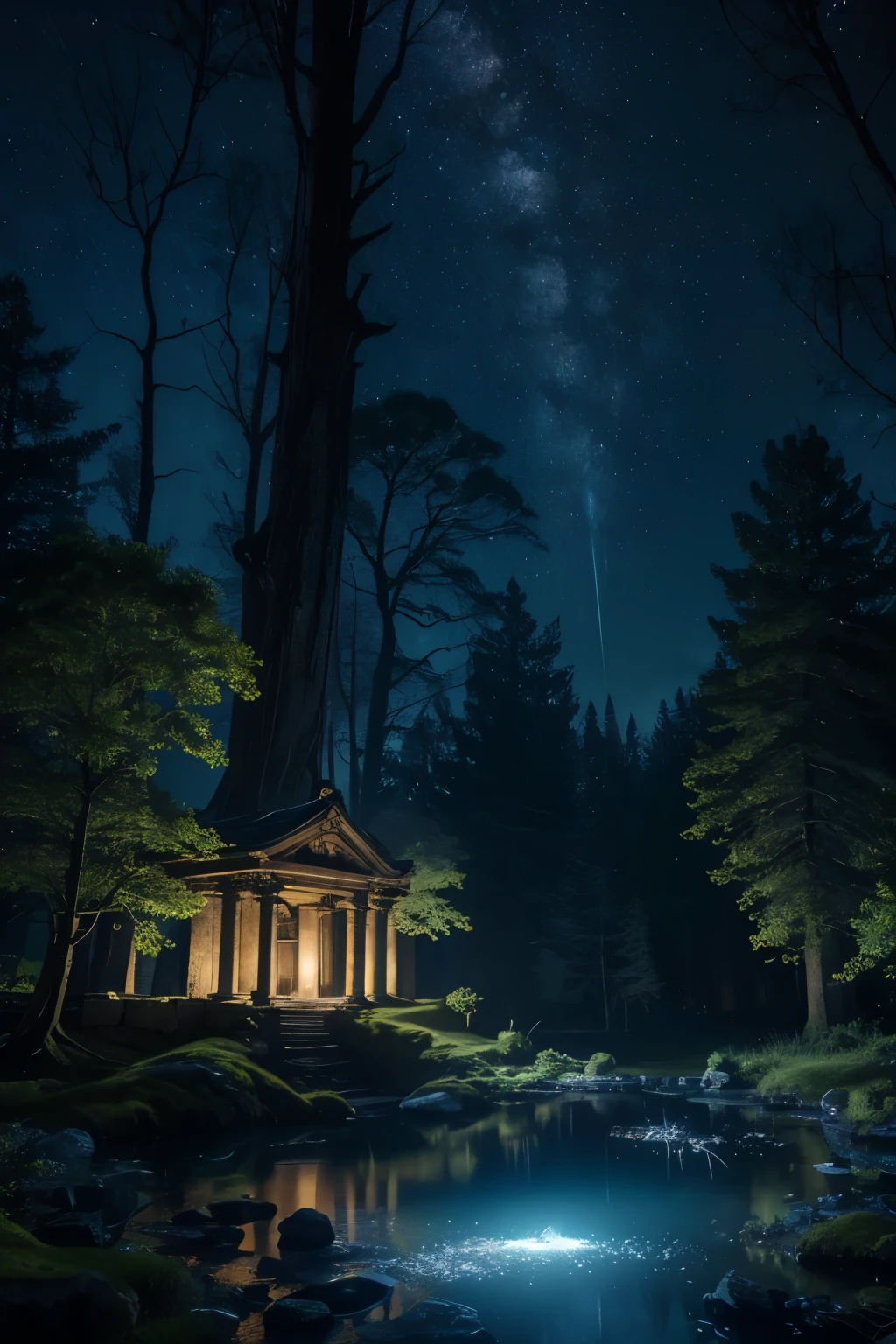 a spectacular night, ethereal moonlit forest, glowing fireflies, mystical atmosphere, vibrant stars in the sky, serene pond reflecting the night sky, ancient ruined temple, gnarled twisted trees, dramatic lighting, dramatic shadows, cinematic composition, fantasy, surreal, (best quality,4k,8k,highres,masterpiece:1.2),ultra-detailed,(realistic,photorealistic,photo-realistic:1.37),detailed night sky, dramatic moody lighting