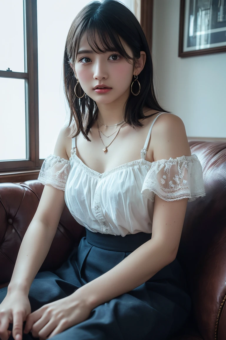 (Highest quality:1.4),(masterpiece:1.4),(Realistic:1.4),(Realistic:1.2),(超High resolution, RAW Photos:1.4),(High resolution, Ultra-detailed:1.2),(8k:1.2),View your viewers,Cinematic photography,One girl,skeletally correct,Black-haired woman,Woman in her early 20s,(Small earrings,necklace,Tulle blouse,Bustier,Crochet skirt),(Western-style building interior,Dimly lit room,The lamplight shines on my cheeks,Sit on the sofa)