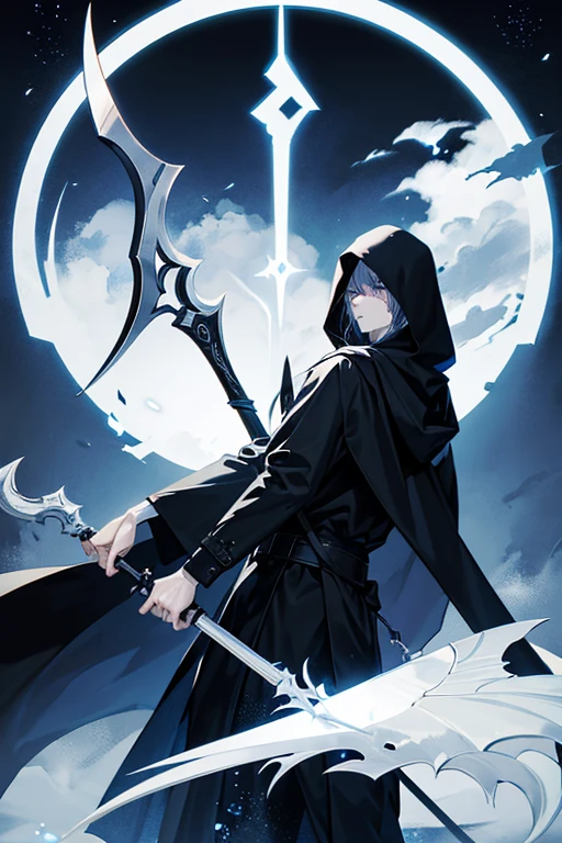 Hooded man holding a pale scythe。The background is night