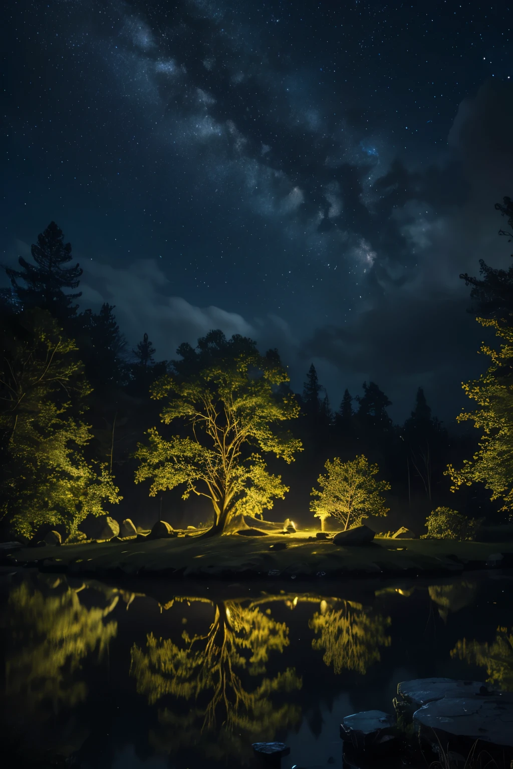 a spectacular night, ethereal moonlit forest, glowing fireflies, mystical atmosphere, vibrant stars in the sky, serene pond reflecting the night sky, ancient ruined temple, gnarled twisted trees, dramatic lighting, dramatic shadows, cinematic composition, fantasy, surreal, (best quality,4k,8k,highres,masterpiece:1.2),ultra-detailed,(realistic,photorealistic,photo-realistic:1.37),detailed night sky, dramatic moody lighting