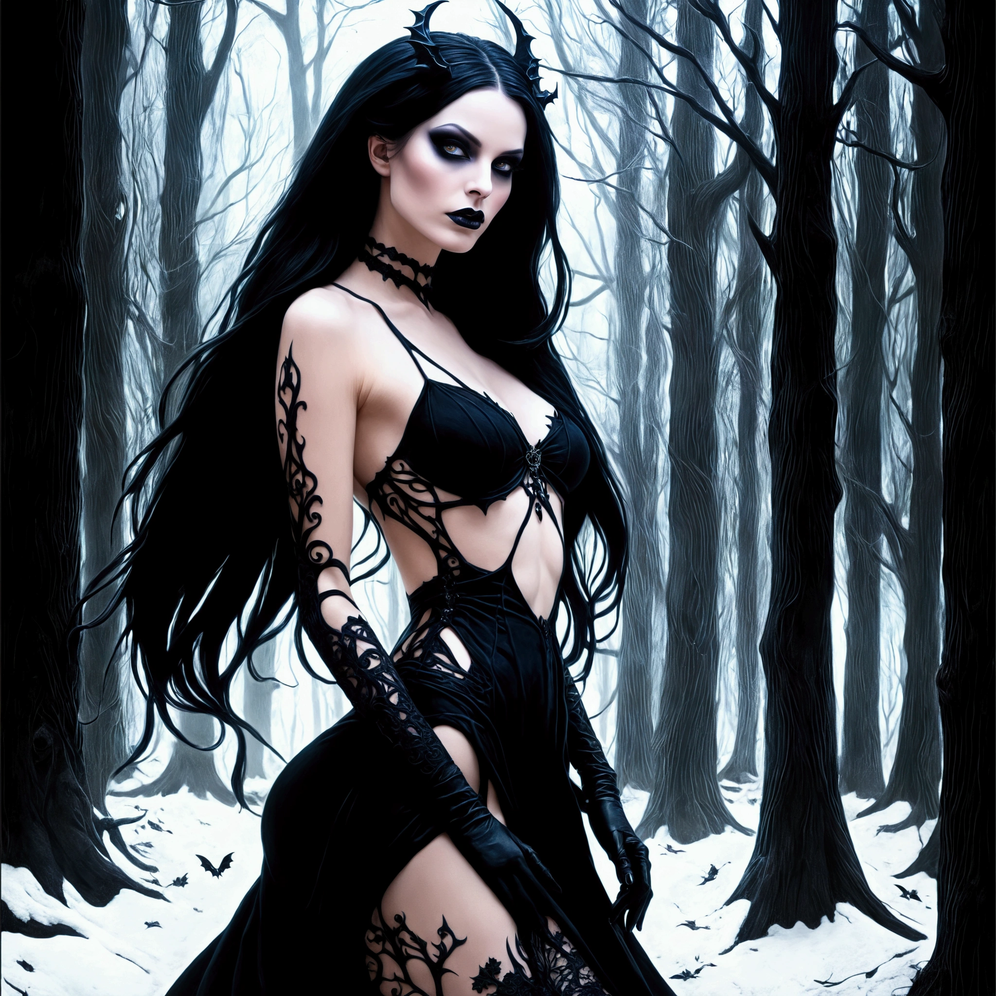 mesmerizing Detailed beautyfull Face 1,8, digital portrait of a seductive demonessthere is a woman in a black dress and gloves posing in the woods, dark goth queen, goth woman, goth girl, pale goth beauty, very beautiful goth top model, gothic and futuristic, neo goth, gothic maiden, seductive cyberpunk dark fantasy, gothic maiden of the dark, portrait of a dark goddess, dark witch, gothic girl, fashionable dark witch, dark fantasy style