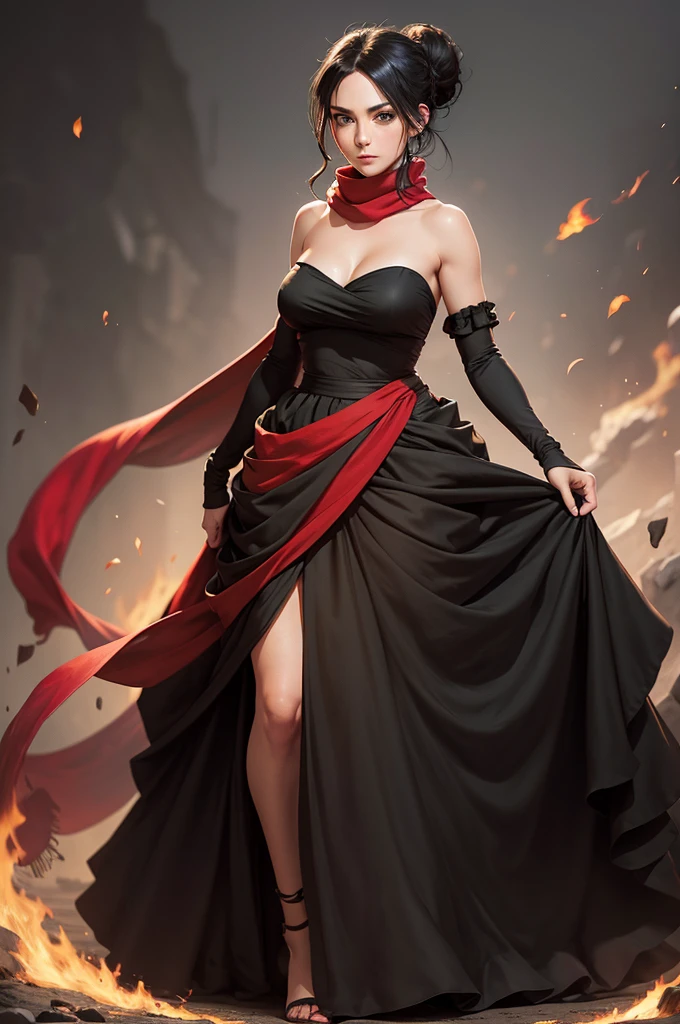 fullbody view, female, green eyes, black hair tied to a bun, strapless full dress, red scarf around her neck, flowy arm sleeves, silk gloves, a fabric is wrapped around her waist