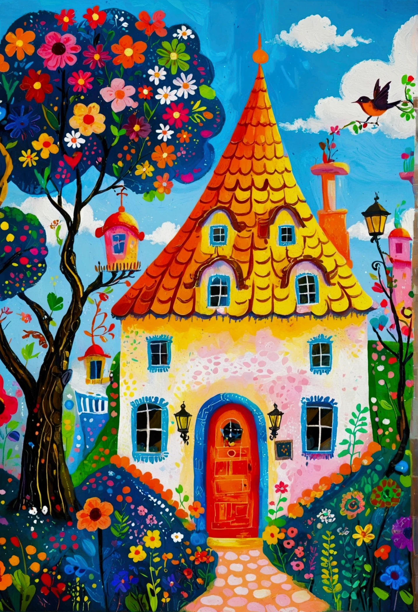 There is a tree in the painting，There is a bird in the tree，The background is a building, Popular trends on pixabay, Childish Art, Fantastic art, Fantastic and psychedelic, rich and colorful house, sunlight and Fantastic houses, Fantastic fantasy landscape art, rich and colorful illustration, rich and colorfull illustration, Magical Village, Fantastic!!, Wizarding World. rich and colorful, Fantastic!!!, colorful、Rich details waiting to start 
