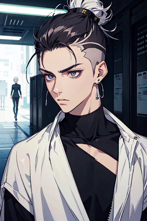 Anime man gradient young white hair low on shaved sides turns hair bun to the left side in the middle serious face with black earrings black sweatshirt Speed jeans futuristic clothes black dark circles under his eyes big black hair big brown hair extremely futuristic clothes futuristic clothes futuristic sweatshirt black skinny jeans male