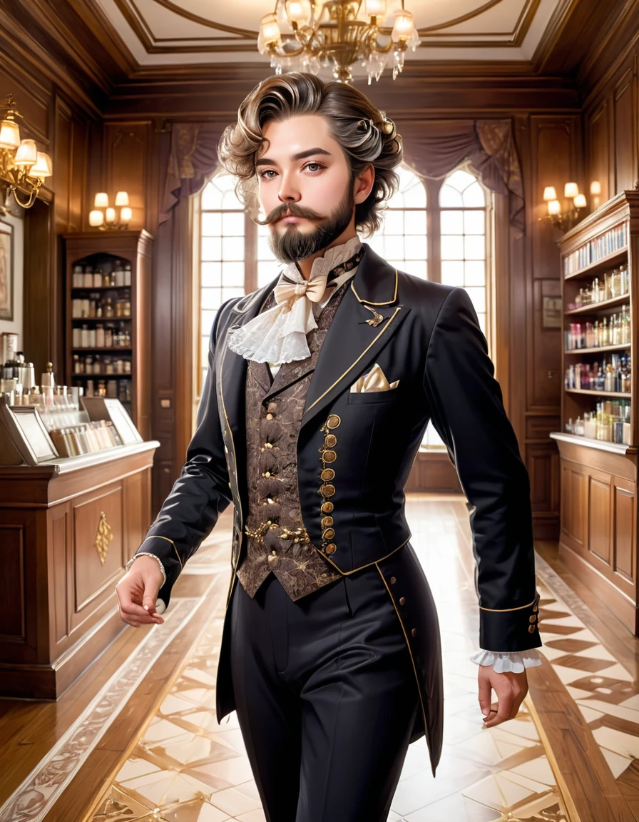 one dandy gentleman with a beard,Seventy-three parts of hair hardened with hair gel,wearing Lolita dress,He is in charge of the reception of the guild.Over the counter,(masterpiece), (best quality), (ultra-detailed), (illustration), (detailed light),(an extremely delicate and beautiful),natural light, wide angle shot,full body,and high quality photo.