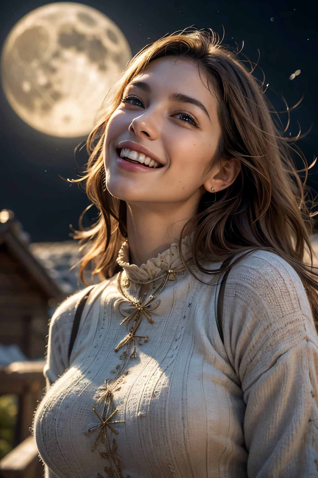 High resolution, masterpiece, Anatomically correct, Highest quality, High-resolution model, Very detailed, Textured skin, smile, Open your mouth a little, happiness/joy, smiling, Looking up at the stars,starry skies,Shining Moon,Friendly atmosphere,Calm expression,Peace of mind and comfort,good quality clothes