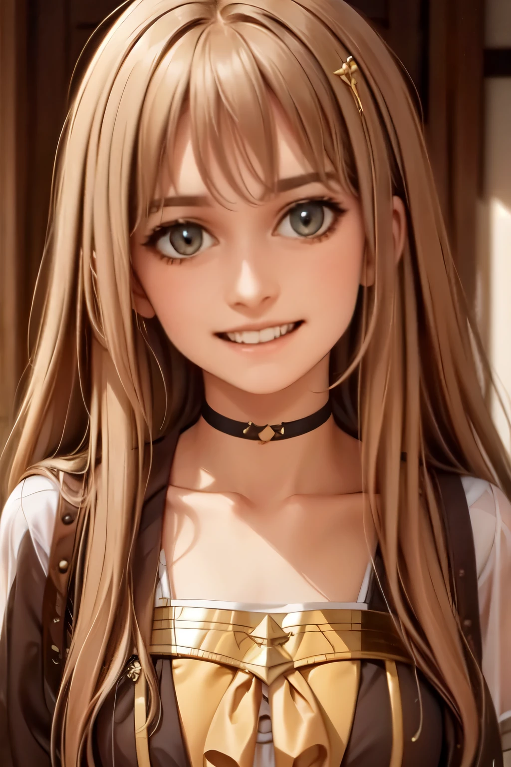 Girl, flowing golden blonde hair, yellow eyes, golden imperial outfit, neckline, anime, the background is a clear sky with twinkling lights, dynamic angle, arrogant laughter