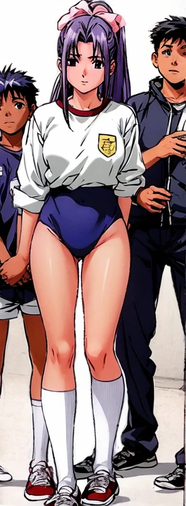 Momoko Koigakubo, a tall girl with beautiful legs, stands in a white gym uniform and light navy blue bloomers that look like panties.。Momoko Koigakubo is holding the shoulders of a boy wearing a tracksuit。