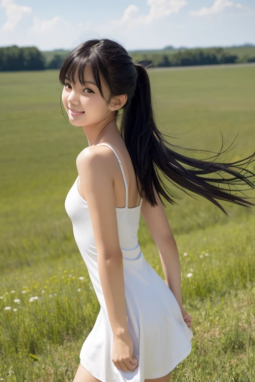 15 years old,high school girl,Black Hair,bangs,ponytail,(Being completely naked),Hair blowing in the wind,Straight hair,Dark Eyes,Small face,Young Face,Clean your eyes,Small Mouth,thin,Young Face,flat chest,flat chest,flat chest,Small breasts,Small breasts,Small breasts,Flat Chest,Flat Chest,Flat Chest,Flat Chest,Realistic photos,8k,Open your mouth a little,Ultra HD,whole body,Pure girl,grassland,blue sky,whole body,,White tank top dress,summer,smile,Showing teeth,Butt