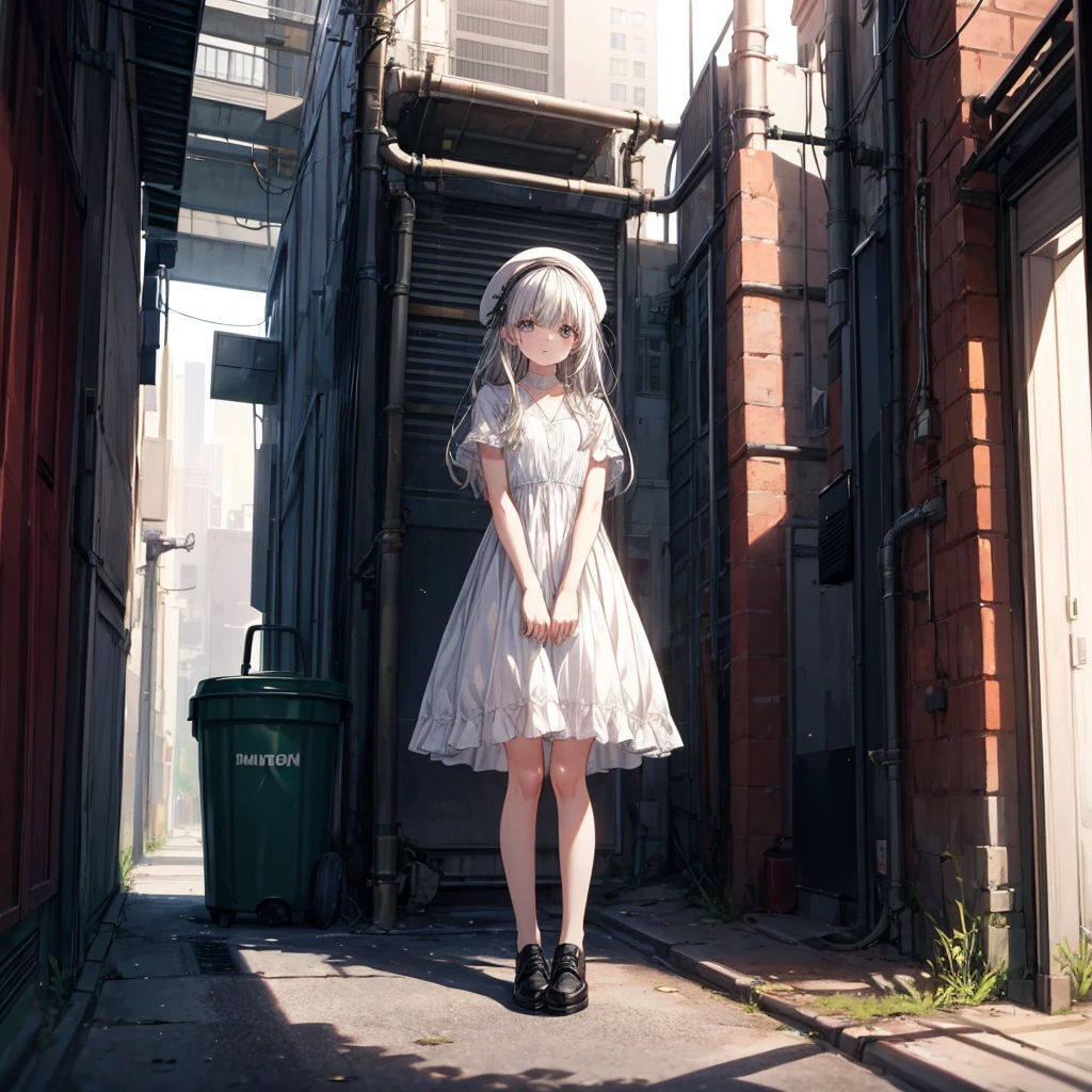 ((masterpiece, Highest quality)),girl, alone, dress, Are standing, Hello, alley, Outdoor, bangs, white dress, Gray Hair, Long Hair, Black footwear, Industrial Pipes, View your viewers, Air conditioning,Dim lighting, garbage, garbage bin, hxh2011 