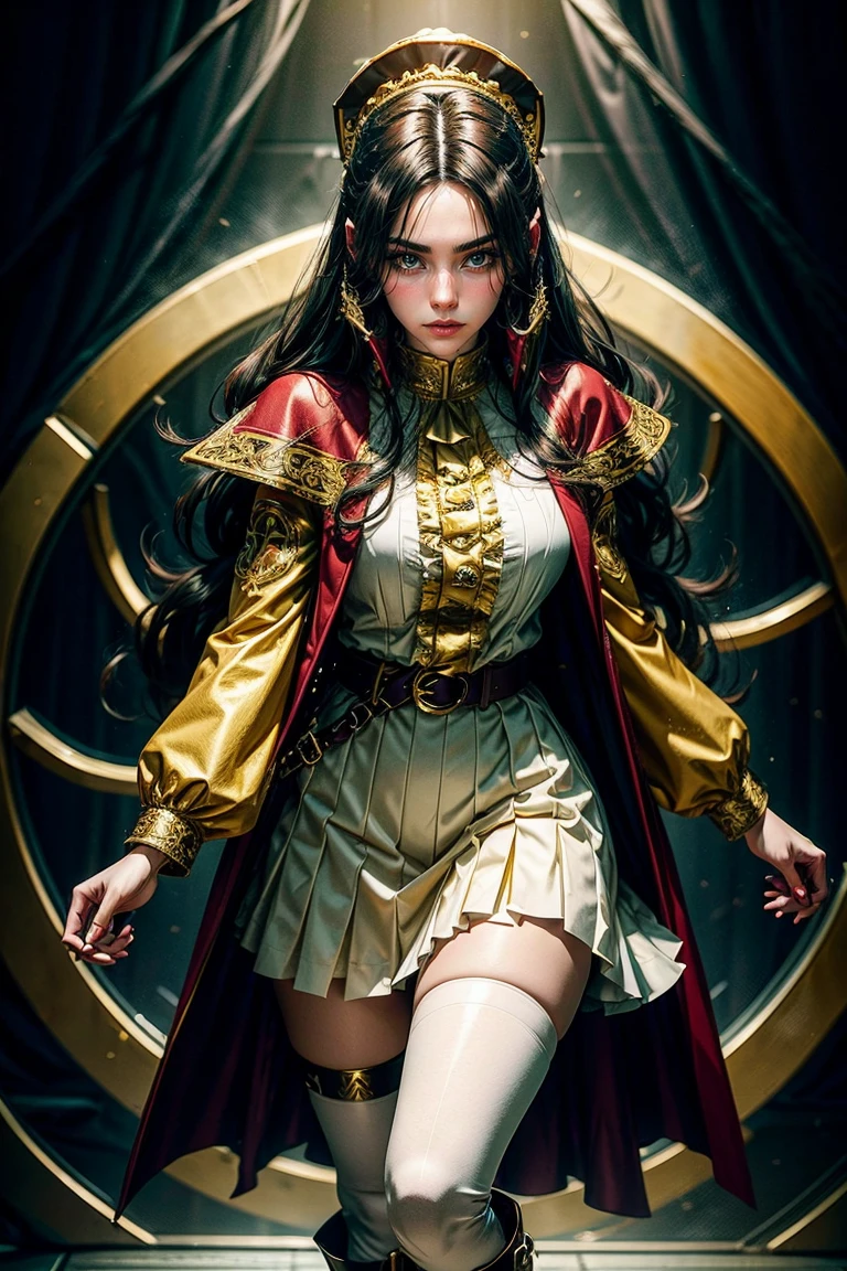 A female anime character with long, dark hair parted in the middle and large, expressive anime-style yellow eyes. Her outfit is elaborate, featuring a color scheme of dark red and gold with white accents. She wears a long-sleeved, dark red jacket with gold trim and intricate designs, open at the front to reveal a white blouse with a ruffled front. A brown leather belt with a large, ornate gold buckle. The skirt is a deep burgundy with a white apron-like panel in the front. Complete her attire with dark stockings and knee-high, shiny red boots with gold trim at the top.