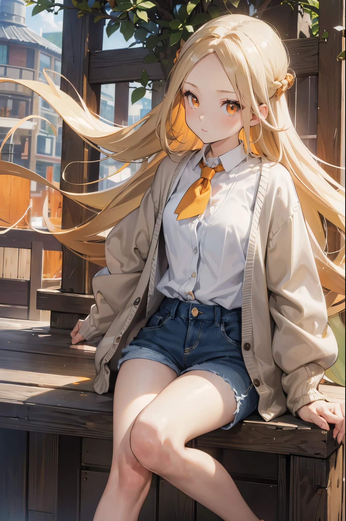 masterpiece, ultra detailed, 8k portrait, RAW photo, portrait photography, Highly detailed face, beautiful and meticulous eyes, (amber color eyes:1.5), , standing by the theme park, (white short shirt) and (blue Low-rise shorts), navel, (put on knee length long white summer cardigan:1.5), cute girl, long hair, (cream color long hair:1.5), show forehead, hairpin, young girl, 1girl, cute girl, pretty girl, portrait of cute girl, slim:1.5,