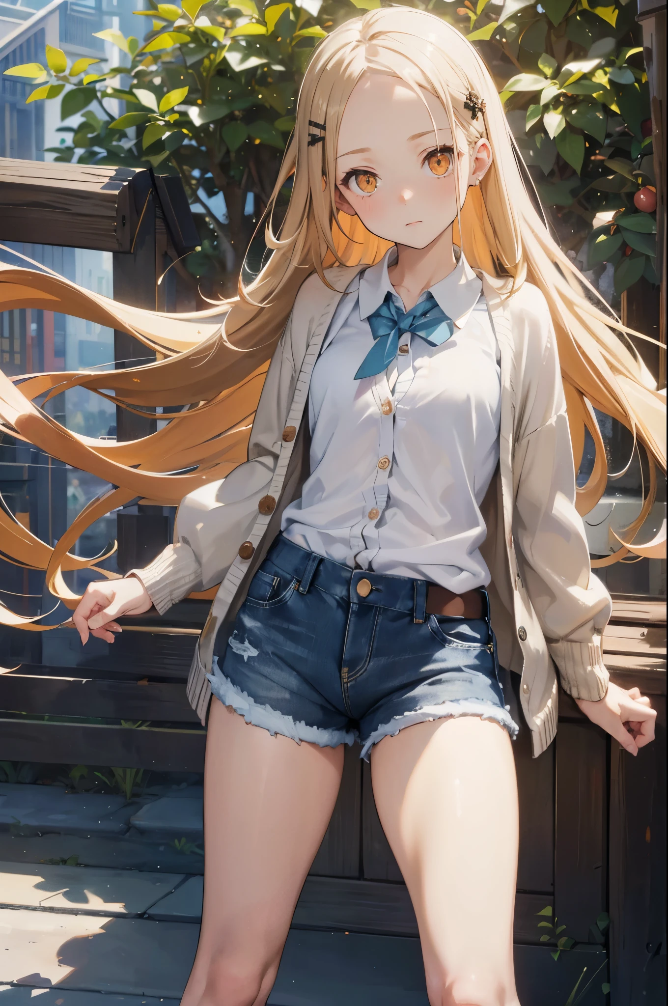 masterpiece, ultra detailed, 8k portrait, RAW photo, portrait photography, Highly detailed face, beautiful and meticulous eyes, (amber color eyes:1.5), , standing by the theme park, (white short shirt) and (blue Low-rise shorts), navel, (put on knee length long white summer cardigan:1.5), cute girl, long hair, (cream color long hair:1.5), show forehead, hairpin, young girl, 1girl, cute girl, pretty girl, portrait of cute girl, slim:1.5,