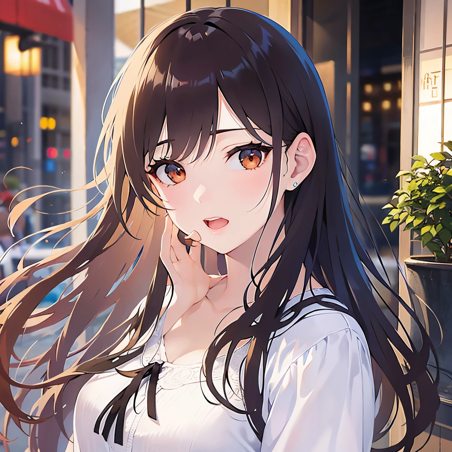 (looking at viewer:1.5),Upper Body, (Putting a hand to your mouth:1.5)、Realistic, real person, (pale skin: 1.2), RAW photo, photorealistic, shiny skin, shiny hair、 (A 25-year-old woman with medium-length hair and bangs) and (wavy hair) and (brown hair) and (orange eyes) 、 surprised,open mouth、White long sleeve dress、The background is inside the restaurant