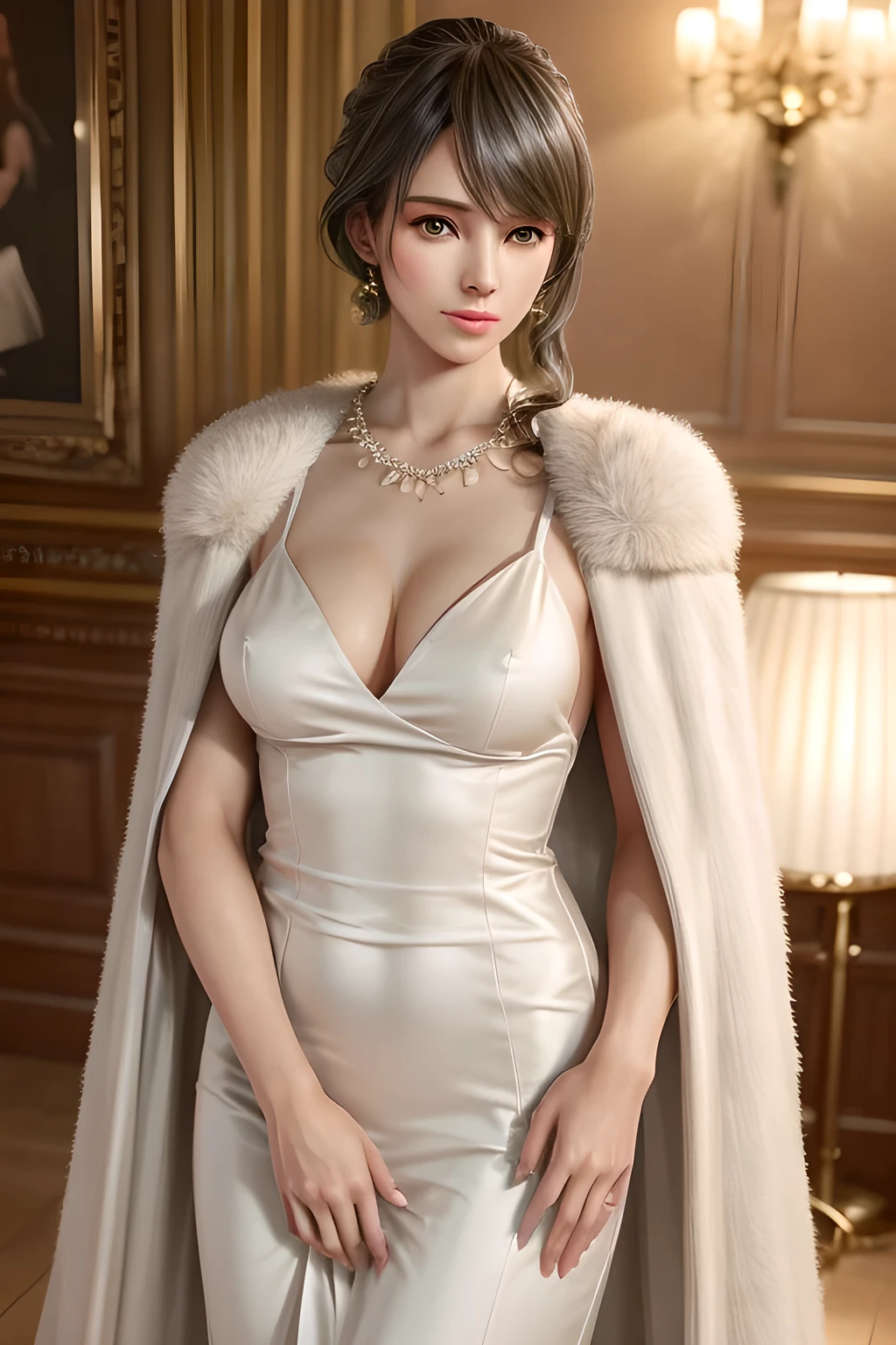 A lady with extraordinary temperament, she stands in a modern indoor space, as if she is a model from a fashion magazine. She is wearing a (pure white long fur cape), the softness and luster of which makes her look more noble under the light, and complements her (beige dress) underneath, showing her gentle temperament while maintaining a sense of fashion. The style of the dress is simple and generous, a perfect match, and it lengthens her figure, making her tall and charming. The lady's makeup is delicate and elegant, which just highlights her facial features and makes people unforgettable at first sight. Although the earrings and necklace she wears are not ostentatious, they add a bit of sophistication and nobility to her overall look. Her hair is casually draped over her shoulders, and every strand of hair exudes a natural luster,, (best quality,8k,highres,masterpiece:1.2),ultra-detailed,(realistic,photorealistic,photo-realistic:1.37),studio lighting,ultra-fine painting,sharp focus,physically-based rendering,extreme detail description,professional,vivid colors