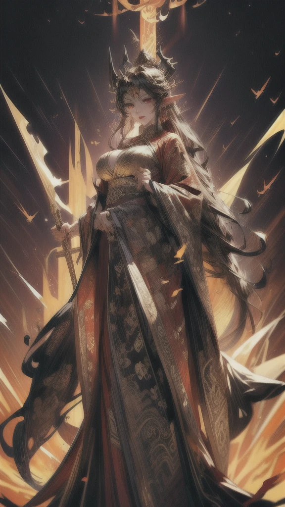 1 female goddess, dragon horns, golden dragon slit eyes, ultra high quality, ultra high resolution, big breasts, slender yet curvaceous body, pointed ears, kind yet cruel smile, golden chain with a ruby dagger pendant, wearing red robes with intricate gold designs big eyes, perfect body with 6'1" height, golden pagoda background, old chinese martial background, long spear of pure black colour and embedded gold patterns.
