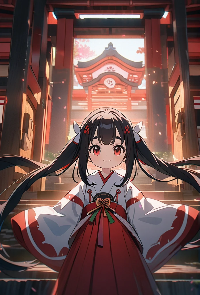 Japan Little Girls、5 years old、(Shrine maiden costume)、4 heads、chibi、Shrine maiden、Digital Portrait,Black Hair、 Long hair in twin tails、Thick eyebrows, Incredible color grading, kimono,Japanese clothing,Jacket White Japanese clothing,Japanese kimono hakama、Red Hakama、 Cinematography, art、shrine、smile