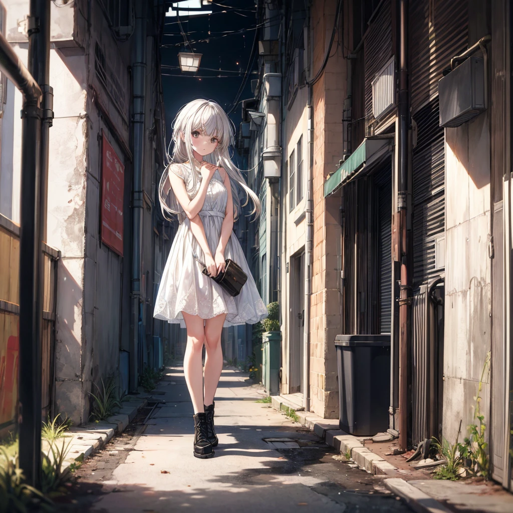 ((masterpiece, Highest quality)),girl, alone, dress, Are standing, Hello, alley, Outdoor, bangs, white dress, Gray Hair, Long Hair, Black footwear, Industrial Pipes, View your viewers, Air conditioning,Dim lighting, garbage, garbage bin, hxh2011