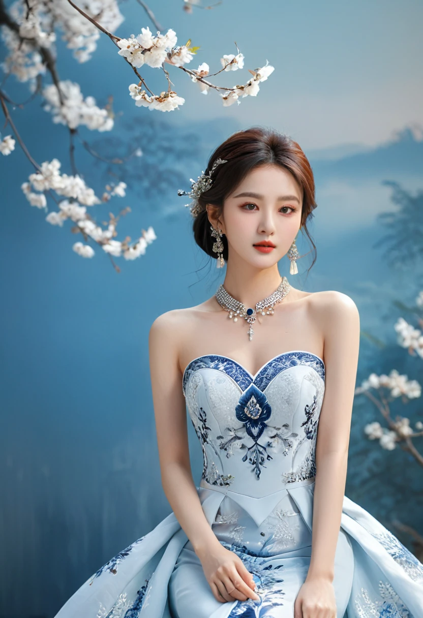Realistic photo style, whole body 사진에 아름다운 아시아 소녀가 등장합니다., Wearing a unique ethnic style evening gown with delicate skin., bright and lively eyes, Thick eyelashes that look especially attractive. Long dresses are slim and elegant., Eye-catching silver jewelry and alcohol. The high-collar design adds an elegant atmosphere., Color of blue and white porcelain. using light and shadow, The vivid and harmonious appearance of the protagonist is highlighted... whole body, (masterpiece, best quality, professional, perfect composition, very aesthetic, absurd, very detailed, intricate details:1.3)