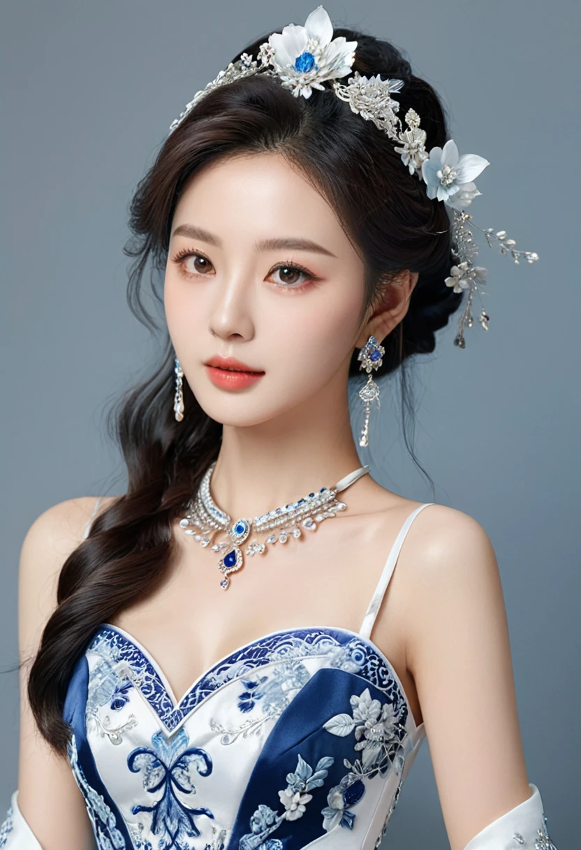 Realistic photo style, whole body 사진에 아름다운 아시아 소녀가 등장합니다., Wearing a unique ethnic style evening gown with delicate skin., bright and lively eyes, Thick eyelashes that look especially attractive. Long dresses are slim and elegant., Eye-catching silver jewelry and alcohol. The high-collar design adds an elegant atmosphere., Color of blue and white porcelain. using light and shadow, The vivid and harmonious appearance of the protagonist is highlighted... whole body, (masterpiece, best quality, professional, perfect composition, very aesthetic, absurd, very detailed, intricate details:1.3)