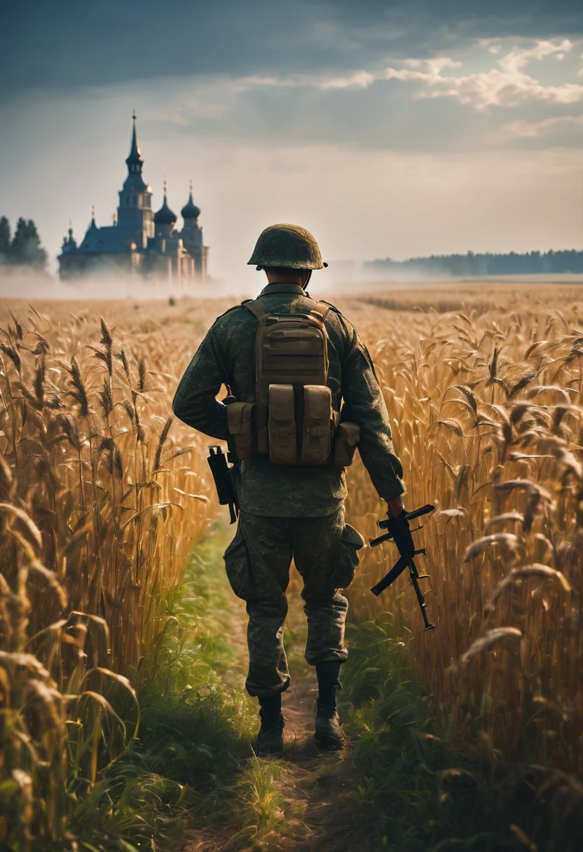 Masterpiece cinematic photo, photograph cinematic photo a russian A soldier (close-up) with a weapon in his hands , ultra detailed, ultra sharp, ((best quality, симметрия)), ((masterpiece)), Walking through a rye field, ripe rye, morning, fog, photograph, film, bokeh, professional, 16k , oil and watercolor painting, dark, chiaroscuro
