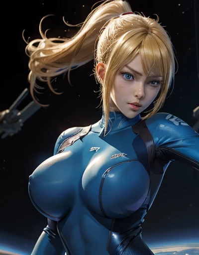 (anime style), masterpiece, depth of field, photorealistic, absurdres, best quality, 8k, best quality, perfect lighting, cinematic lighting, 1girl, female, mature, portrait, samus, zero suit, blue eyes, ponytail, spaceship, cockpit, smile, large breasts, looking at viewer, see through clothes, transparent, transparent clothes, sexy girl with very big breast in a space room, narrow waist, looking at viewer, seductive posture, sexy pose, alluring, clean, beautiful face, pure face, pale skin, samus, mole, (((portrait))), (((zero suit))), ponytail, (blue eyes), spaceship, huge breasts