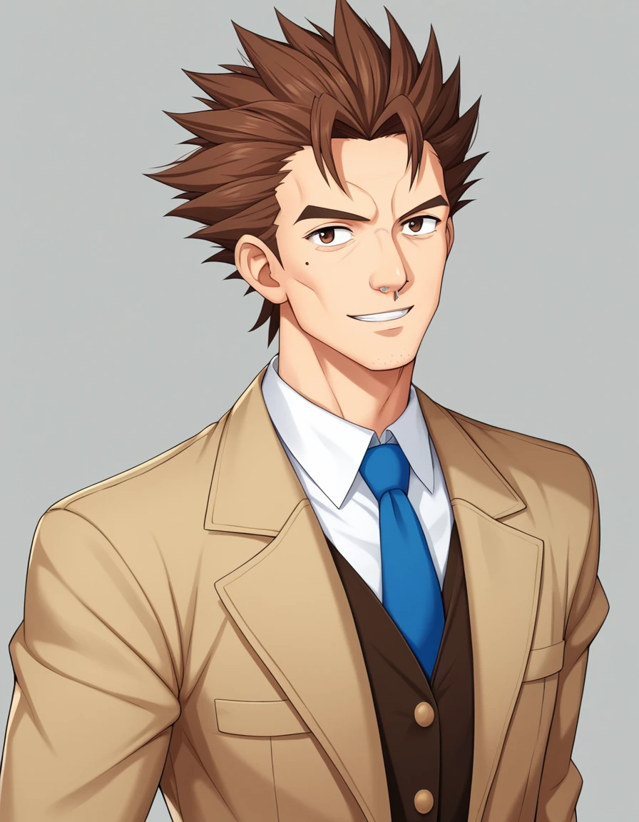 1man, veteran mature detective, muscular, boned nose, wavy slicked back spiked hair, yellow_brown hair, BREAK shihaku, brown eyes, dandy, virile, stubble, square shaped, large eyes, ugly, rough skin, facial wrinkles, ideal ratio body proportions, ordinaly, cute uncle, beautiful detailed eyes, broad waist, 40yo dude, languid, BREAK solo, upper legs, white collared shirt, blue necktie, brown trench coat, dark worn-out suit, cute smile, standing, in detective agency, detailed background, BREAK dandy posing, dramatic expression, oil colored, in capcom art style, in old eroge style, 2000s, masterpiece, best quality, BREAK score_9, score_8_up, score_7_up, source_anime, score_6_up, score_5_up, score_4_up