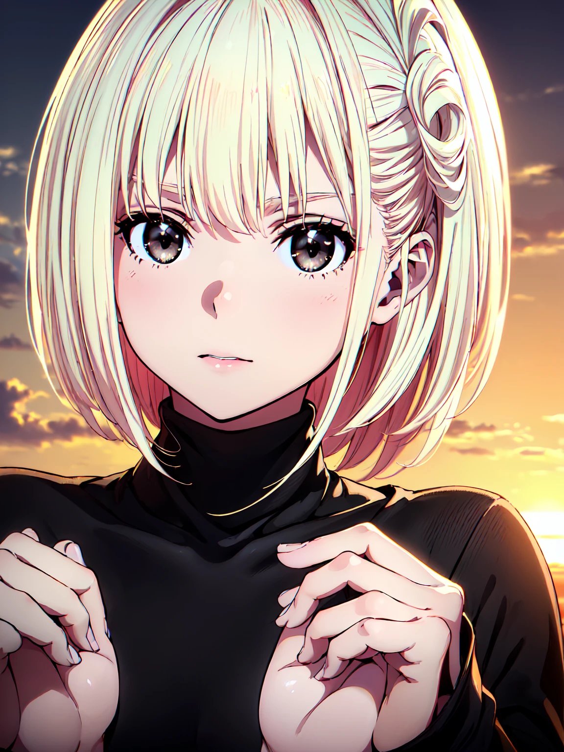 1girl, outdoors, beach, evening, sunglare, light smile, dynamic shot,medium shot, upper body、((turtleneck shirts:1.3)).(black turtleneck shirts:1.3)、(blonde hair.)、(arms behind back)、(well-proportion)、(looking at viewer)、(black eyes:1.5)、((best quality, masterpiece,,Highest quality、High resolution,8k,ultra-detailed face,アニメ,ultra-detailed eyes,ultra-detailed hands,ultra-detailed fingers,ultra-detailed eyes, ultra-detailed hair, ultra-detailed hands,shiny skin, Silky Pale White,ultra detailed and beautiful, Model Pose))