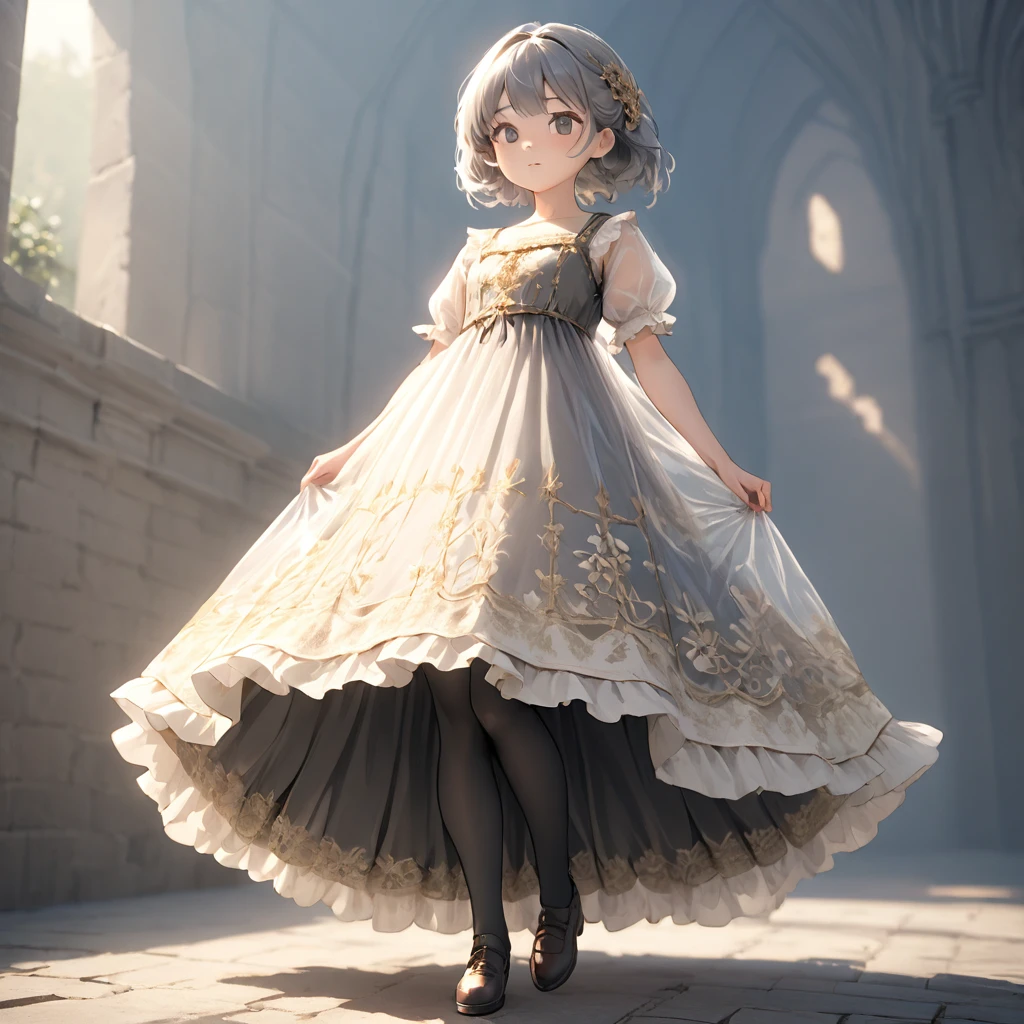 (Highly detailed CG Octane render 8k wallpaper), 8 year old girl underwear, You can see the real bloomers made of cotton fabric., Medieval translucent long dress with panniers, Fabric Realism, Low Angle, Pull up the dress by hand, Strong winds, Translucent slip, Translucent slip, tights, Highest quality, whole body, I can see your thighs, Silver and gold embroidery