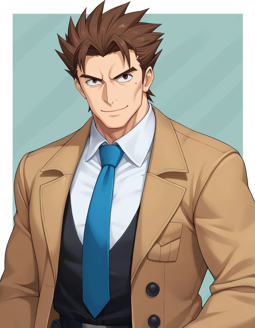 1man, veteran mature detective, muscular, boned nose, wavy slicked back spiked hair, yellow_brown hair, BREAK shihaku, brown eyes, dandy, virile, stubble, square shaped, large eyes, ugly, rough skin, facial wrinkles, ideal ratio body proportions, ordinaly, cute uncle, beautiful detailed eyes, broad waist, 40yo dude, languid, BREAK solo, upper legs, white collared shirt, blue necktie, brown trench coat, dark worn-out suit, cute smile, standing, in detective agency, detailed background, BREAK dandy posing, dramatic expression, oil colored, in capcom art style, in old eroge style, 2000s, masterpiece, best quality, BREAK score_9, score_8_up, score_7_up, source_anime, score_6_up, score_5_up, score_4_up, rating_safe