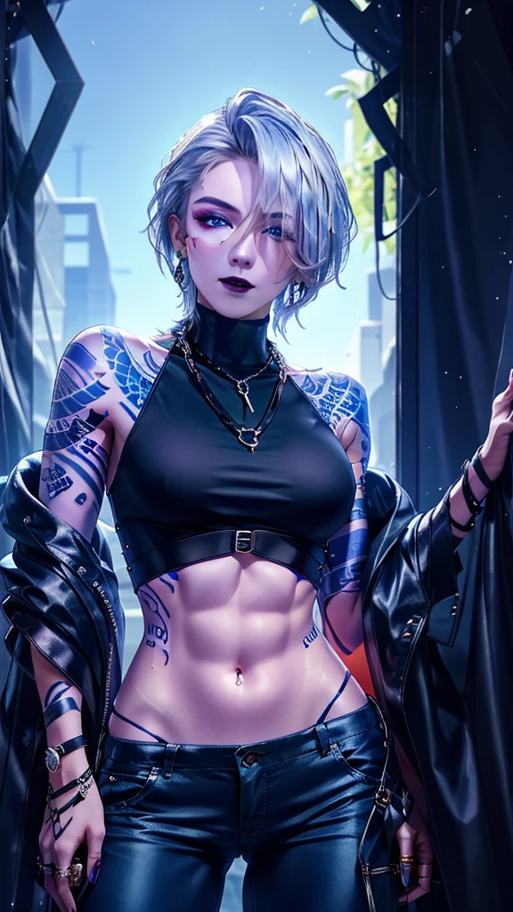 Zoya, perfect lighting, extremely detailed CG, 1girl, breasts, earrings, jewelry, makeup, medium breasts, necklace, shorthair, solo, bright blue tattoo, arm tattoo, silver hair, wet, standing, pants, crop top,((masterpiece:1.2, best quality, high resolution, distinct image)), Zoya from path to nowhere, muscular female, sharp eye, bright blue tattoo, perfect lighting, big breasts, bright white hair, black lips