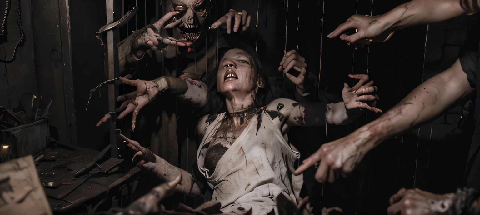 (Best quality, 8k, 32k, Masterpiece, UHD:1.2) "Transform the setting into a horrifying scene from a movie. In the center, a terrified girl is being grabbed by multiple decayed, clawed hands emerging from the shadows. The zombie hands, with rotting flesh and sharp nails, clutch at her limbs, pulling her into the darkness. The dim, flickering light casts eerie shadows, highlighting her panic-stricken face as she struggles to break free. The atmosphere is chilling, with a palpable sense of dread as the grotesque hands tighten their grip, creating an intense, nightmarish scenario that evokes fear and horror."
