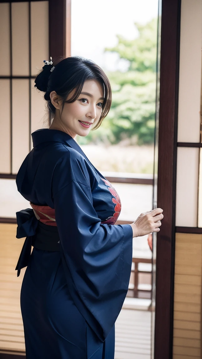 Mature attractive sexy woman,50 years old, ((kimono)),((ultramarine))、(((kimono))),Shut,((Big Breasts:1.2)),(Facial wrinkles:1.3),light makeup,Light brown hair,Long Hair,(Full body photo:0.85),(Emphasize big buttocks),8k, RAW Photos, Highest quality, Laughter,masterpiece,Highest quality、A kind smile、A captivating gaze、Random Hairstyles、Japanese-style room、Shoji Screen、lanthanum、